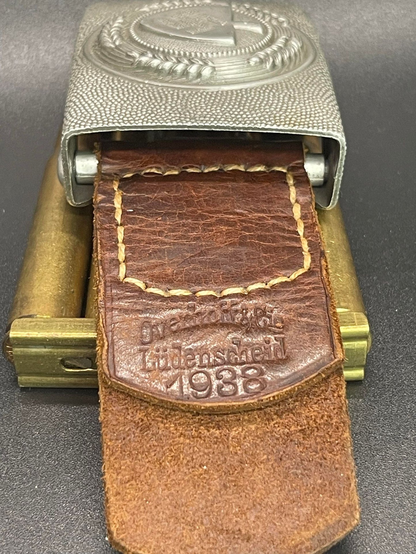 GERMAN WW2 RAD "REICHS ARBEITSDIENST" TABBED ALUMINUM BELT BUCKLE BY OVERHOFF & CIE. 1938 “OLC”