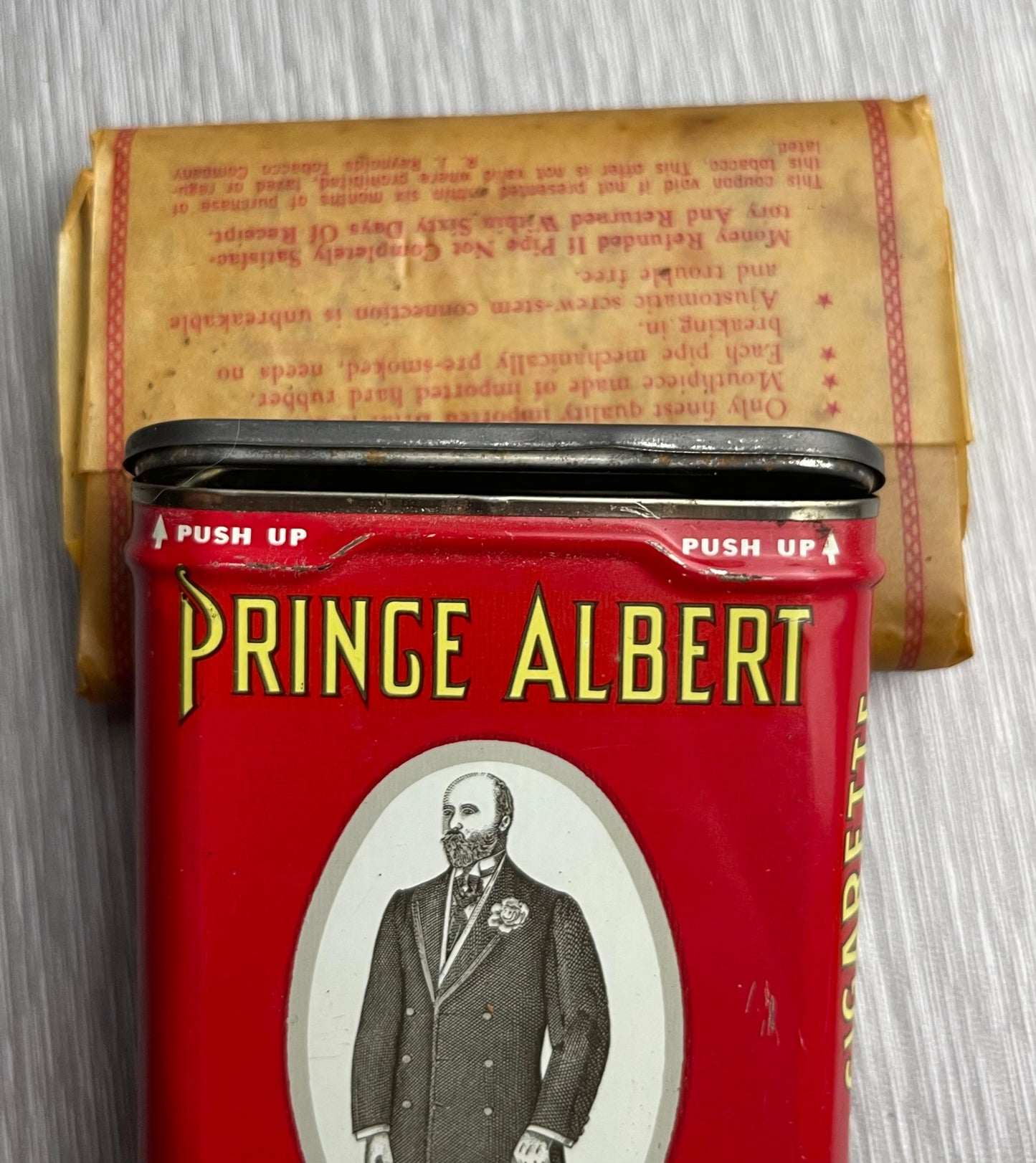 PRINCE ALBERT CRIMP CUT LONG BURNING PIPE & CIGARETTE TOBACCO IN ORIGINAL TIN MID 20TH CENTURY