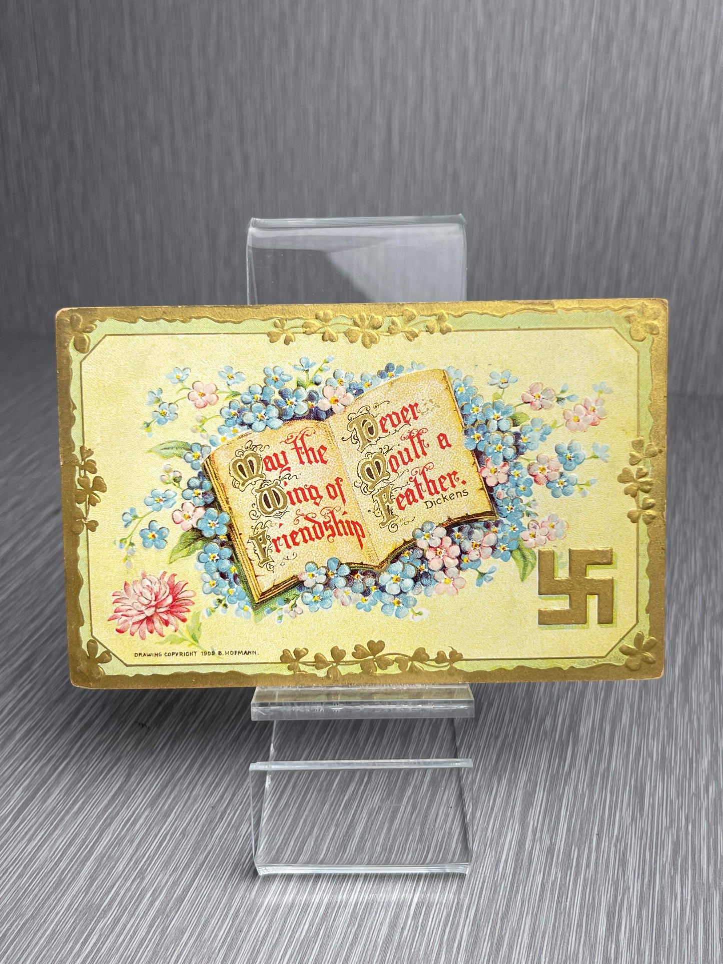 PRINTED IN GERMANY US 1910 GREEN 1 CENT WASHINGTON STAMP VICTORIAN STYLE POSTCARD WITH GOLDEN SWASTIKA RARE!