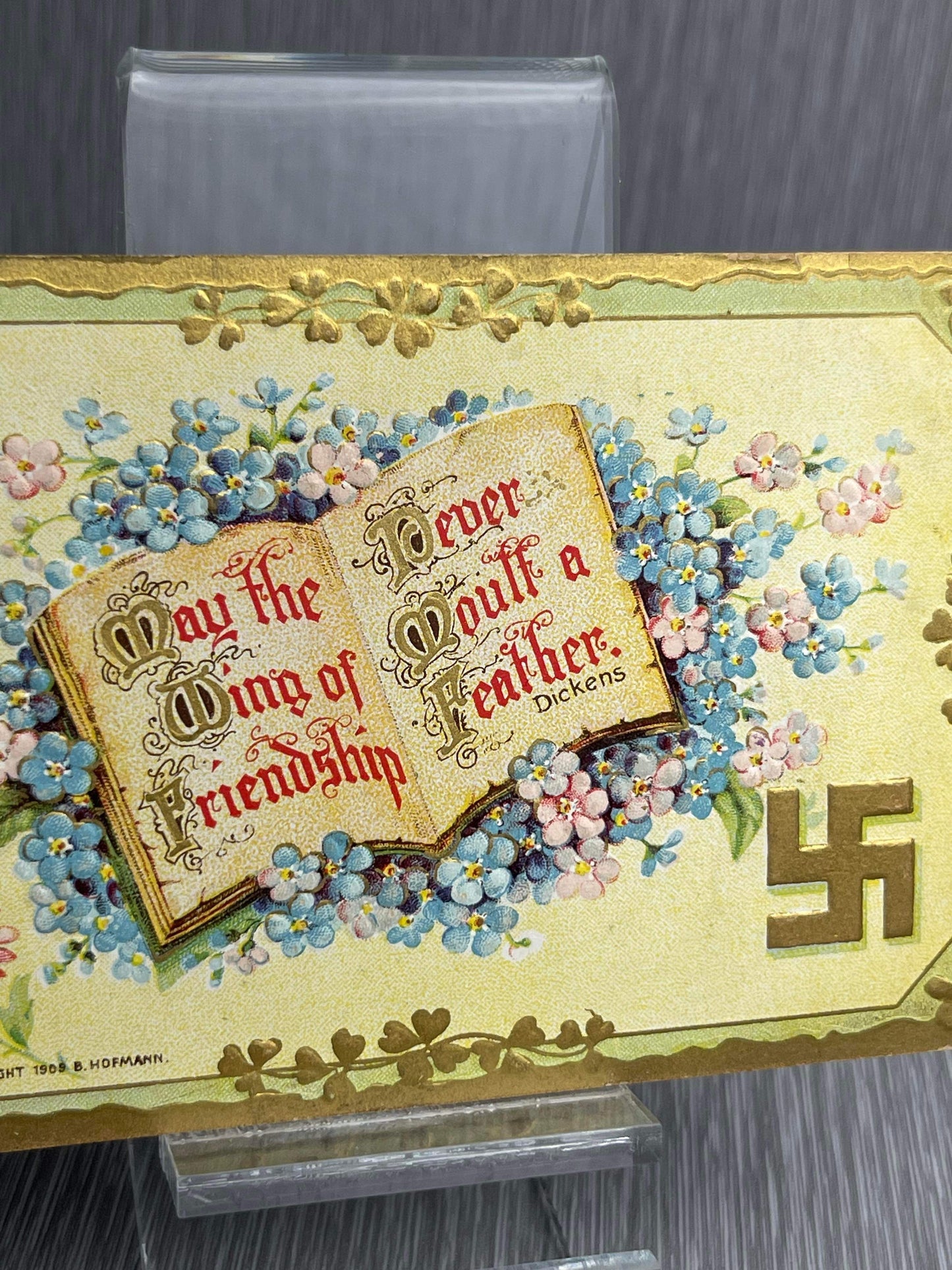 PRINTED IN GERMANY US 1910 GREEN 1 CENT WASHINGTON STAMP VICTORIAN STYLE POSTCARD WITH GOLDEN SWASTIKA RARE!