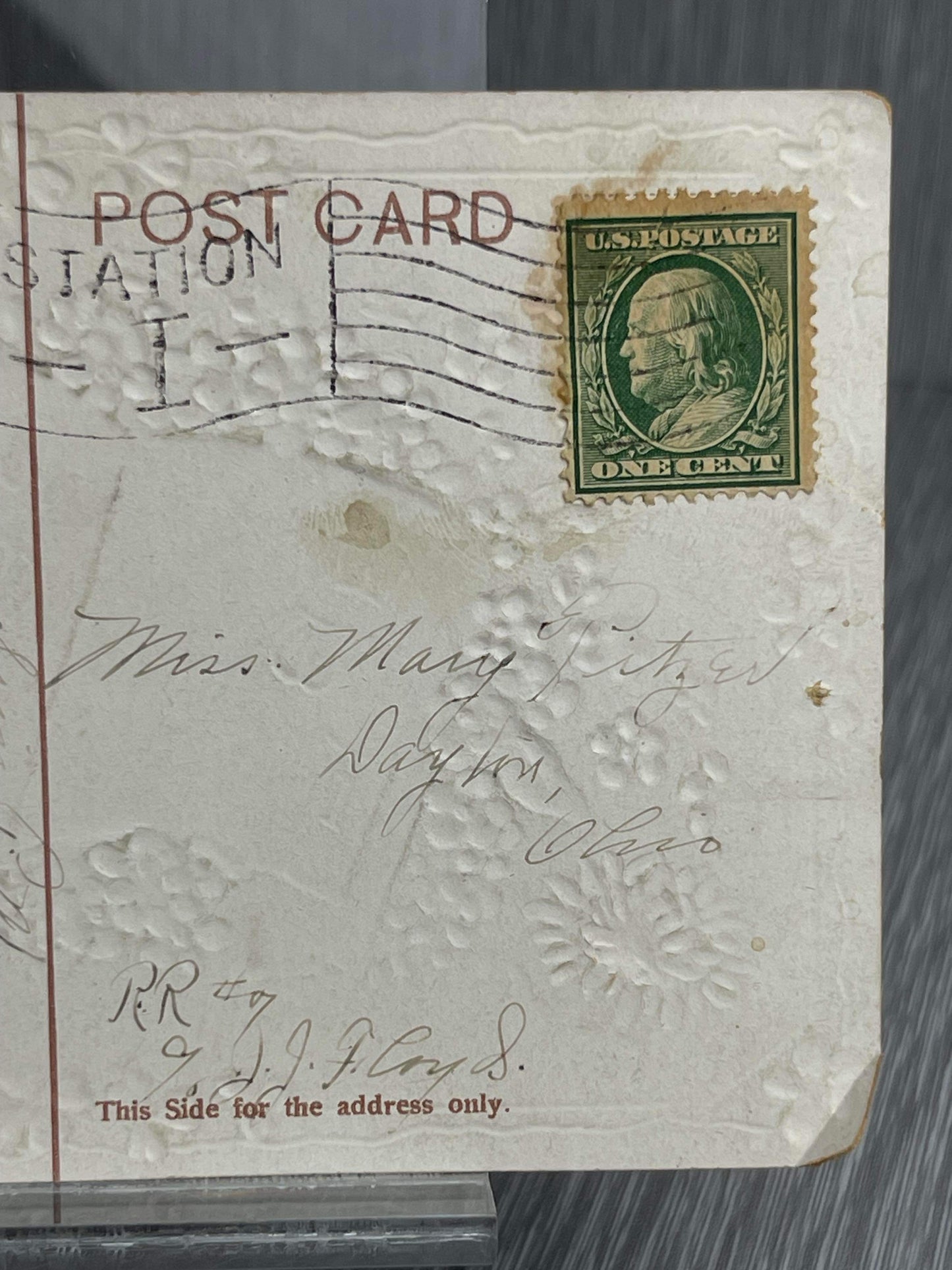 PRINTED IN GERMANY US 1910 GREEN 1 CENT WASHINGTON STAMP VICTORIAN STYLE POSTCARD WITH GOLDEN SWASTIKA RARE!