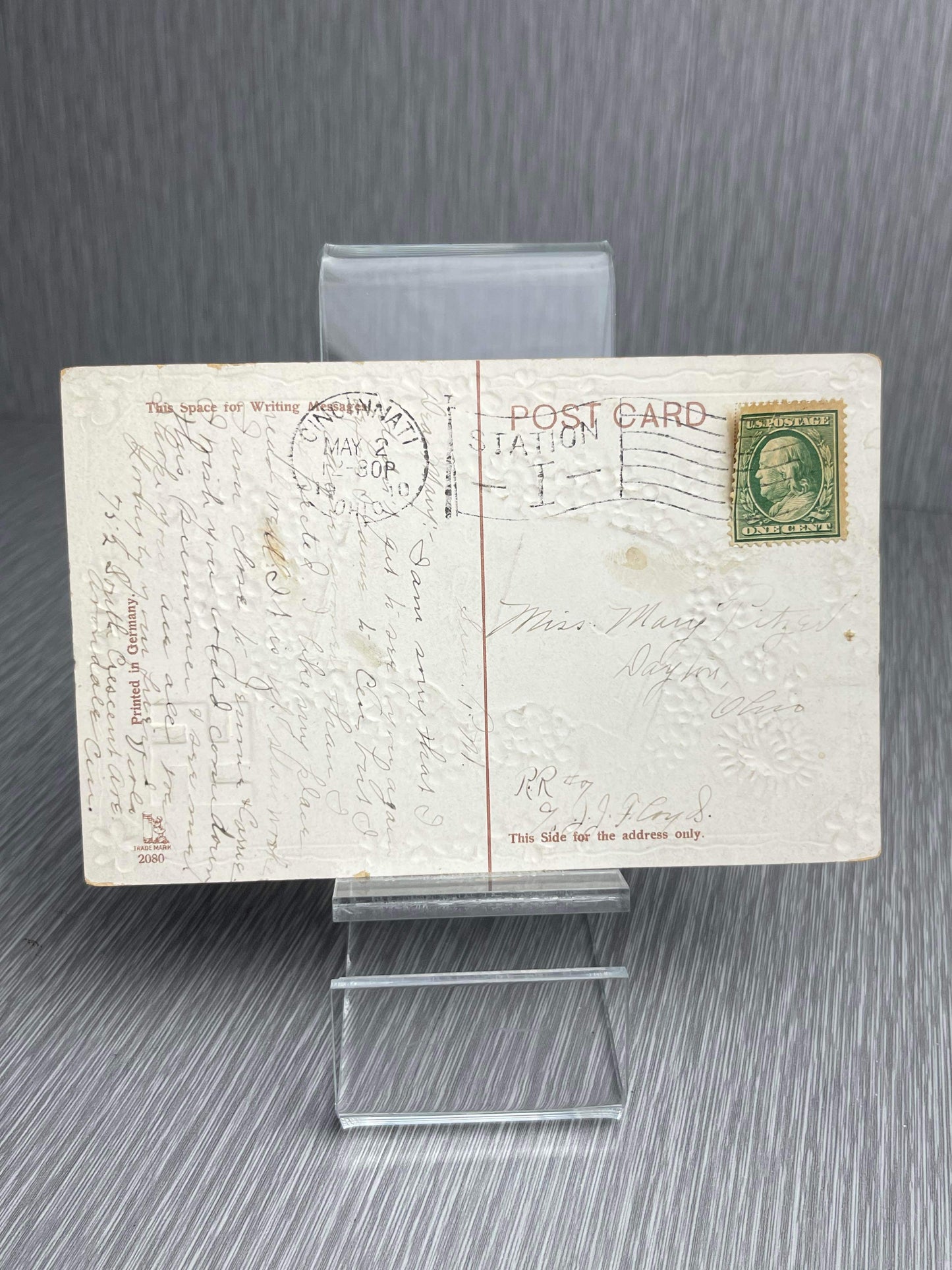 PRINTED IN GERMANY US 1910 GREEN 1 CENT WASHINGTON STAMP VICTORIAN STYLE POSTCARD WITH GOLDEN SWASTIKA RARE!