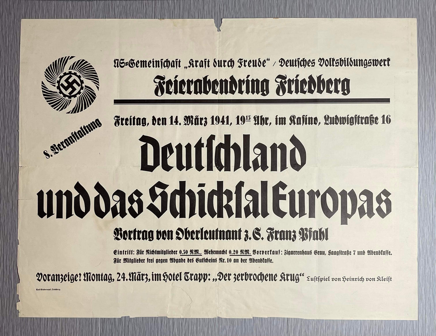 GERMAN WW2 1941 KDF NS COMMUNITY 'NATIONAL EDUCATION CENTER' POSTER ADVERTISING LECTURE & COMEDY SHOW AT CASINO HOTEL TRAPP