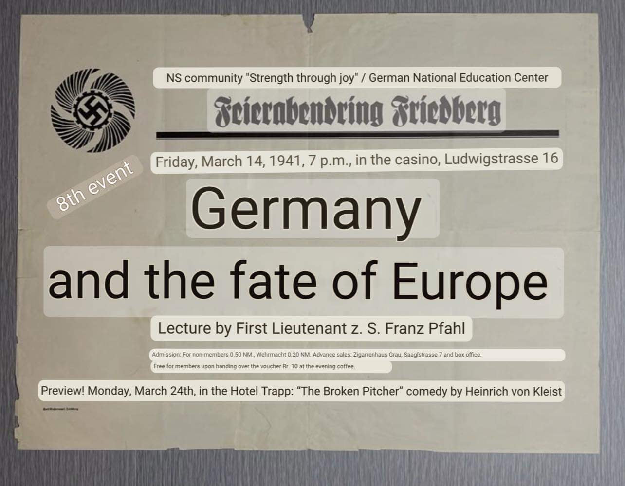 GERMAN WW2 1941 KDF NS COMMUNITY 'NATIONAL EDUCATION CENTER' POSTER ADVERTISING LECTURE & COMEDY SHOW AT CASINO HOTEL TRAPP