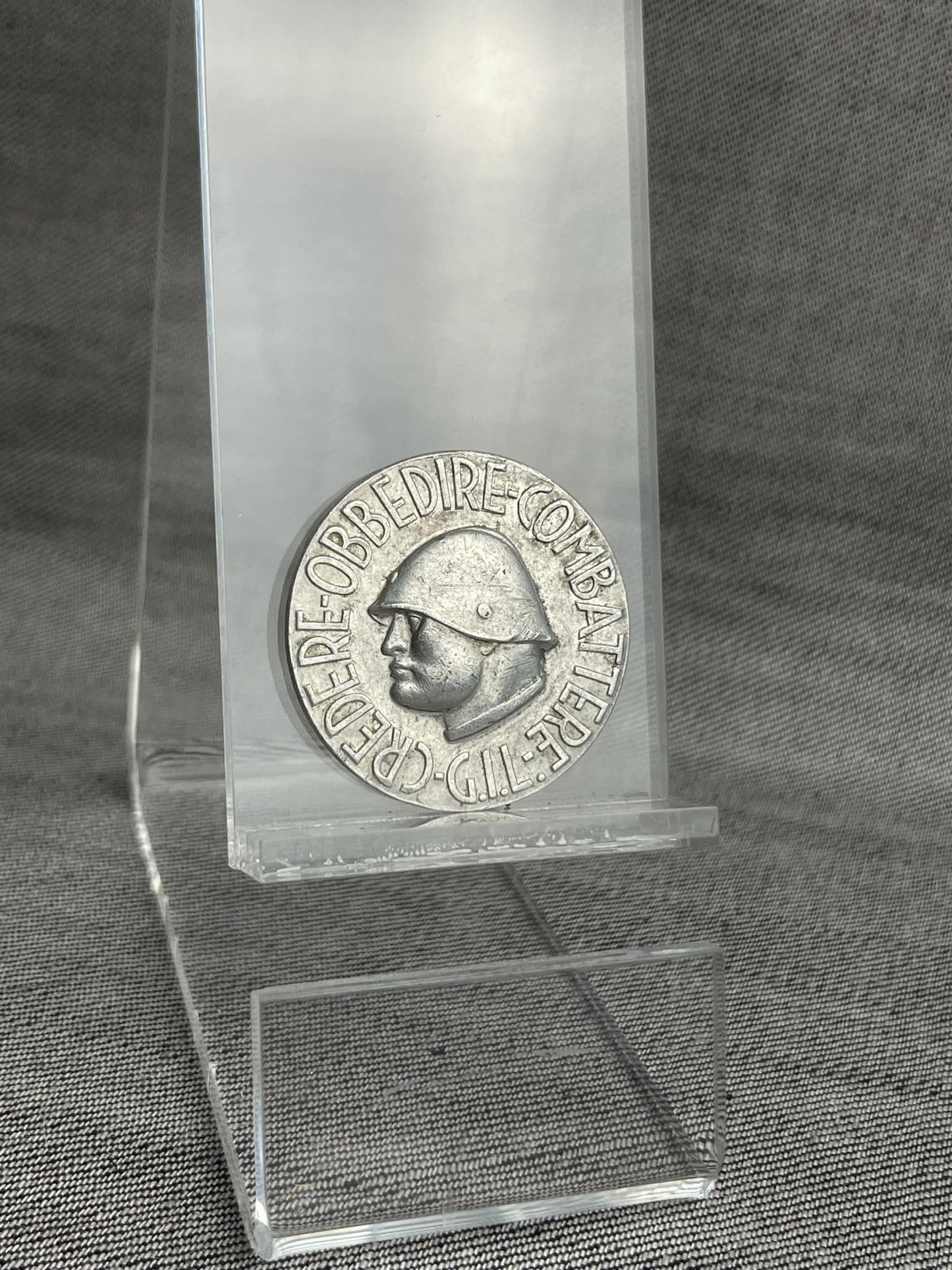 ITALIAN WW2 FASCIST YOUTH G.I.L. "BELIEVE, OBEY AND FIGHT!" ALUMINUM TINNIE BADGE MAKER MARKED