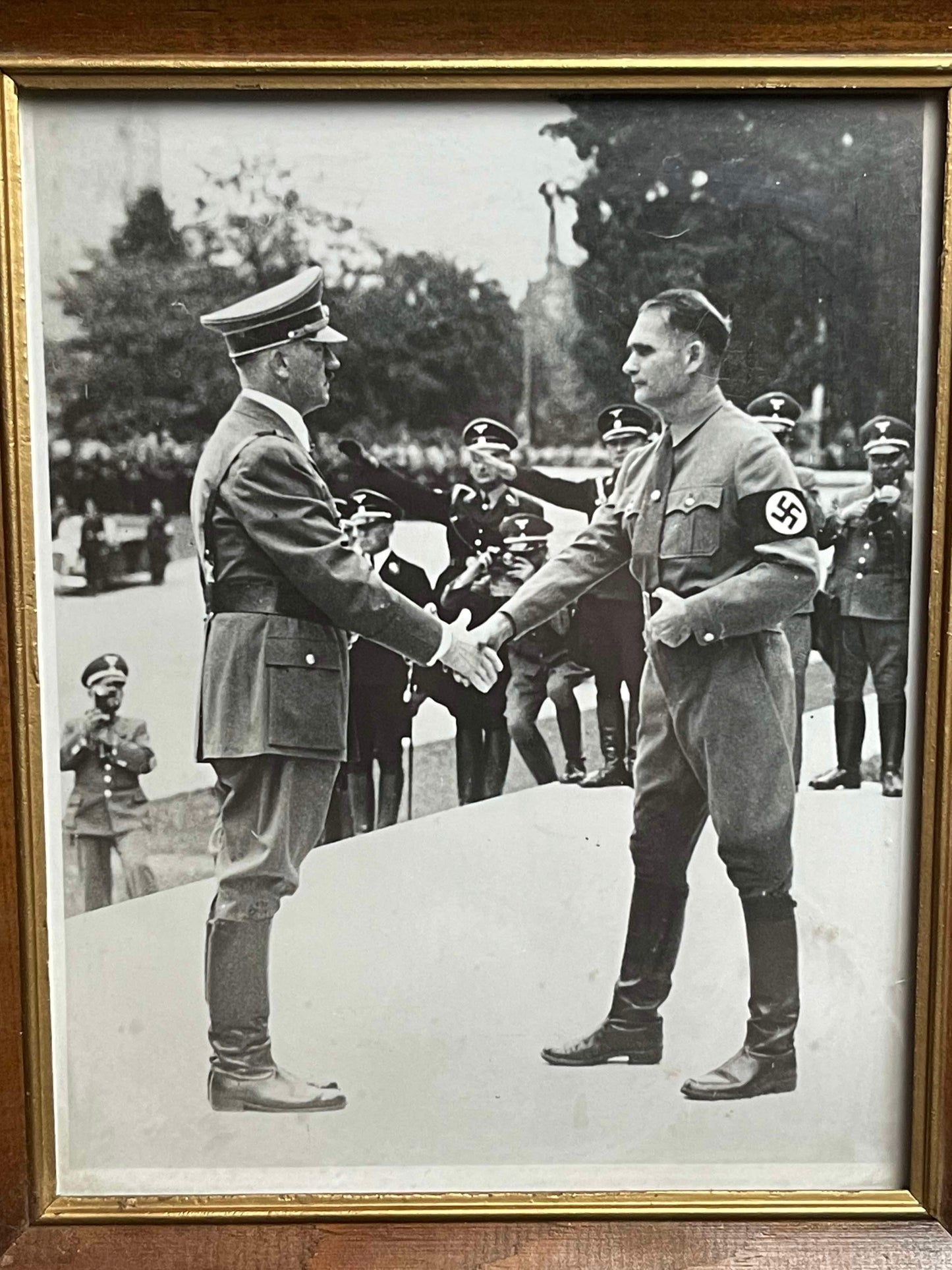 GERMAN WW2 FRAMED PHOTO OF ADOLF HITLER AND RUDOLF HESS AT NURNBERG NSDAP RALLY IN 1938