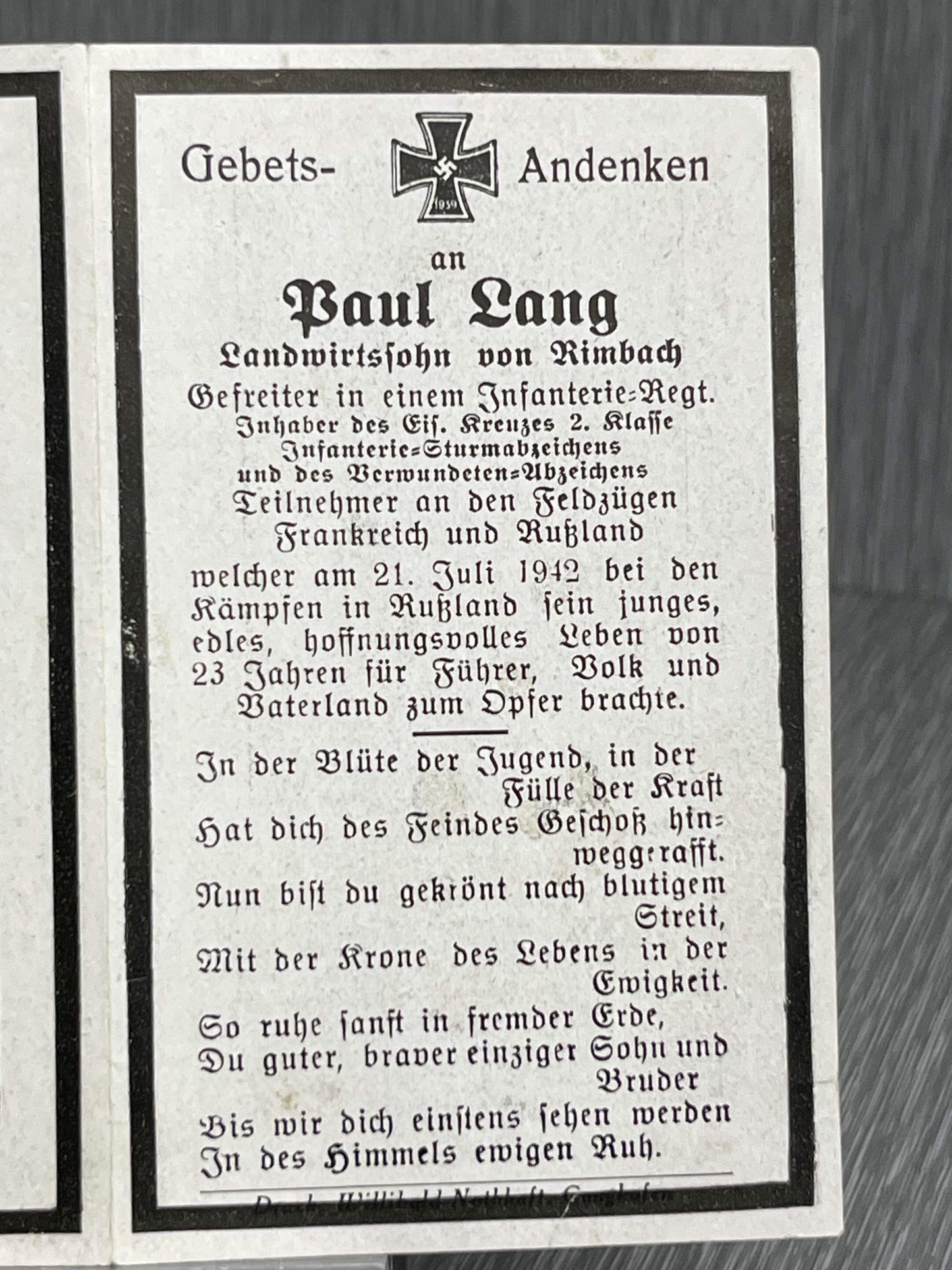 GERMAN WW2 DECORATED HEER INFANTRY GEFREITER DEATH CARD FRANCE SOVIET UNION