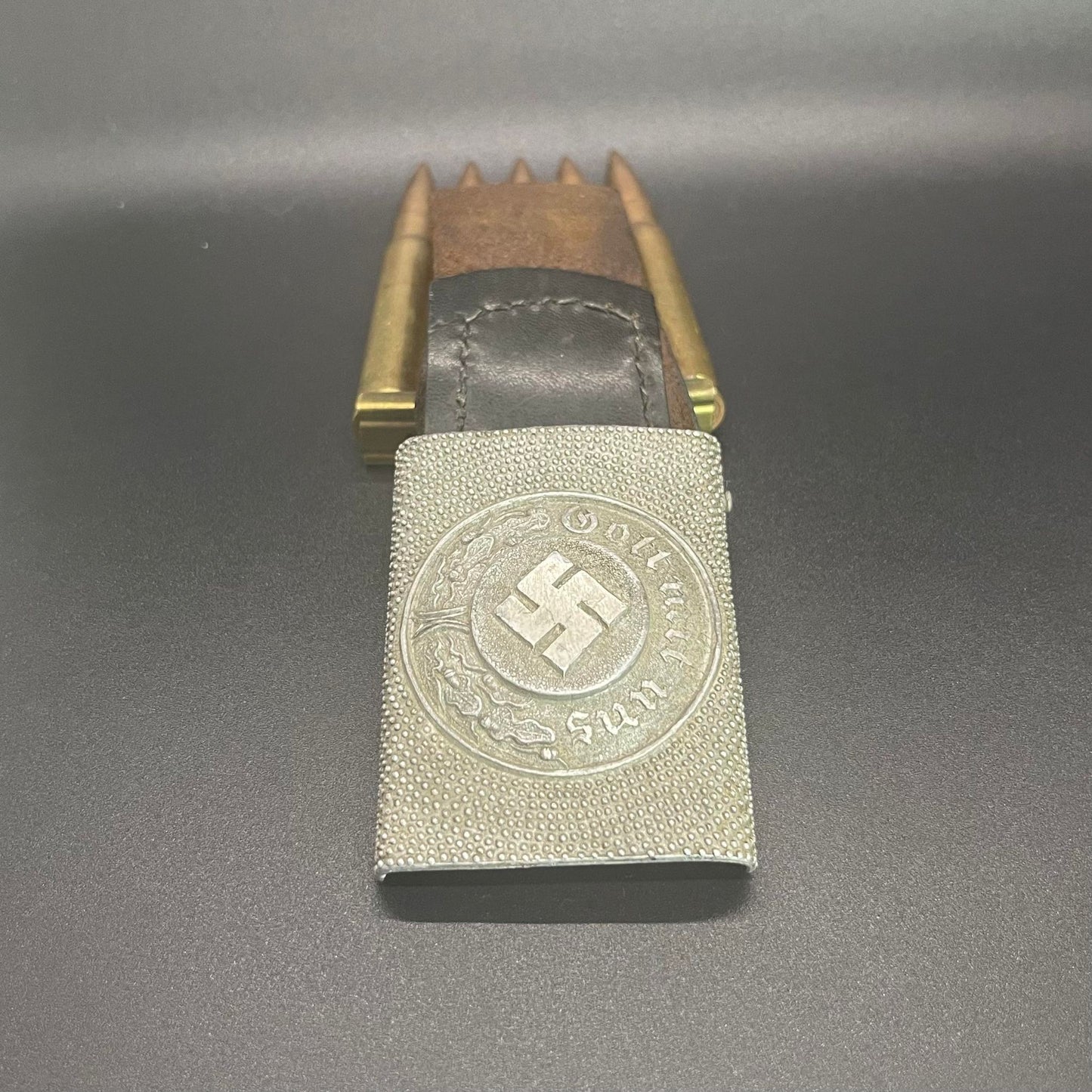 GERMAN WW2 DUTCH MADE EM/NCO POLICE BELT BUCKLE WITH LEATHER TAB