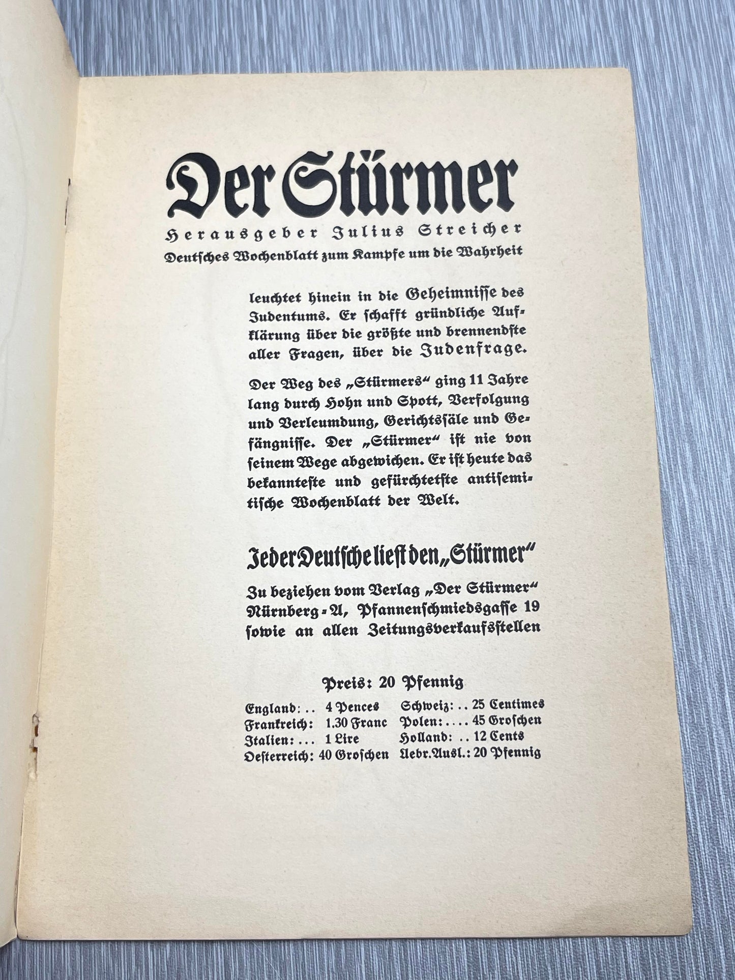 GERMAN WW2 1934 "JUDEN STELLEN SICH VOR" JULIUS STREICHER ANTI-JEWISH BOOK W/ "FIPS" CARTOONS