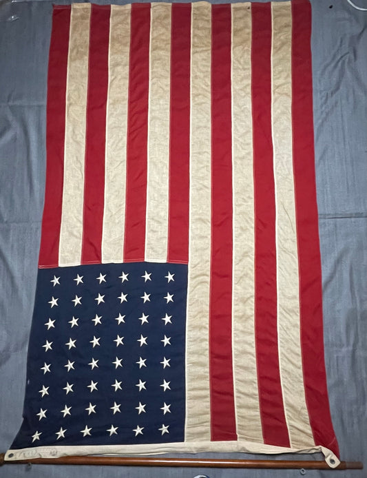 UNITED STATES WW2 EMBROIDERED 48 STAR FLAG W/ORIGINAL FLAG POLE BY BULLDOG BUNTING 4’ x 6’ EXTREMELY RARE EXAMPLE