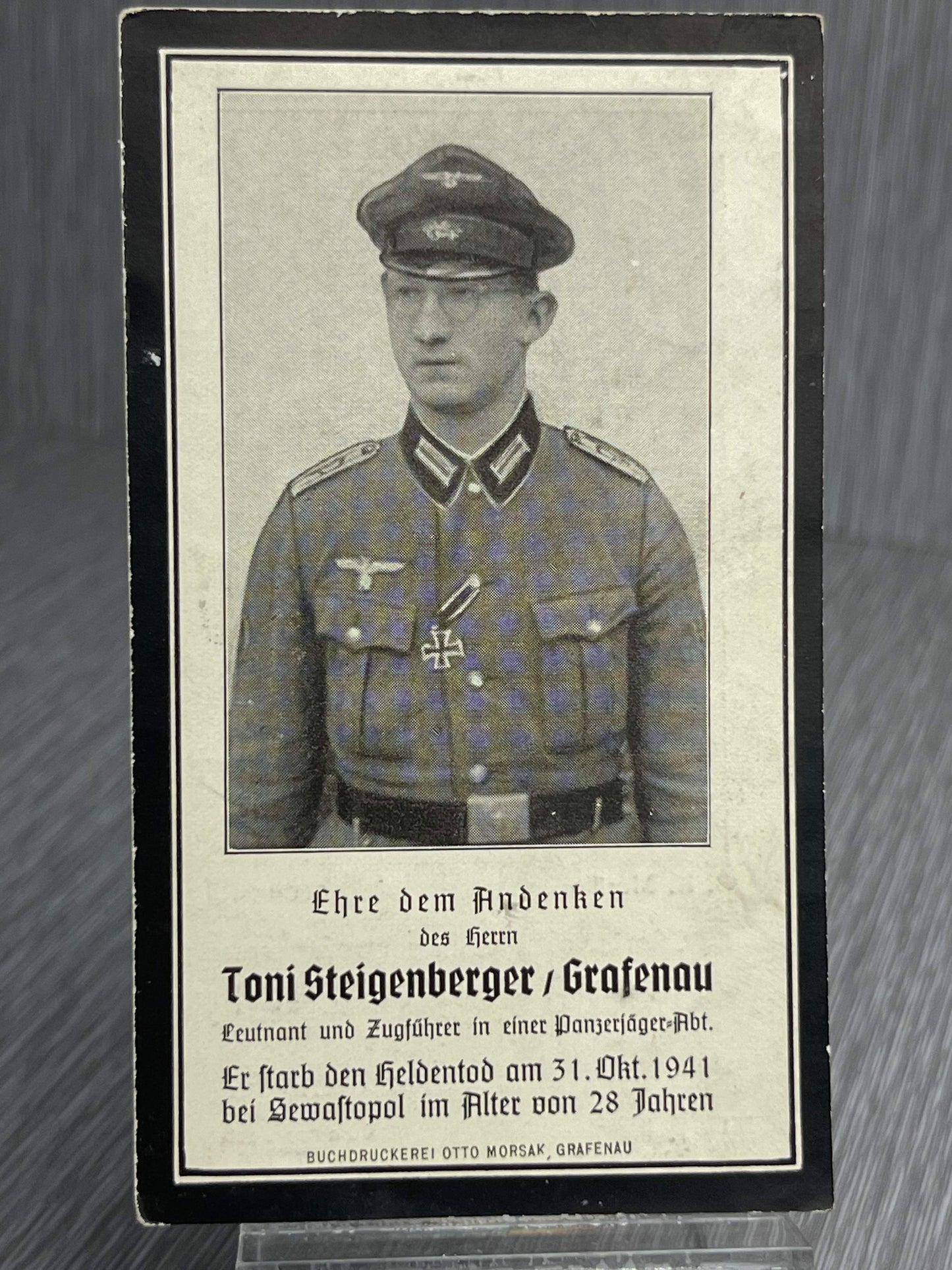 GERMAN WW2 PANZERJAEGER LIEUTENANT DEATH CARD IRON CROSS II CLASS RECIPIENT EASTERN FRONT SEVASTOPOL
