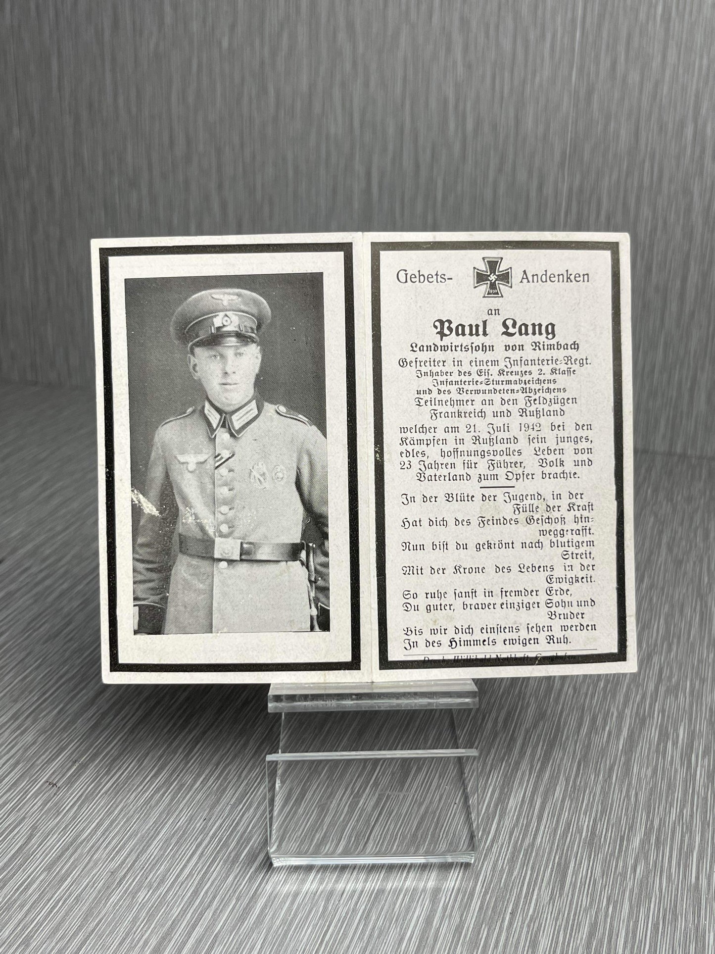 GERMAN WW2 DECORATED HEER INFANTRY GEFREITER DEATH CARD FRANCE SOVIET UNION