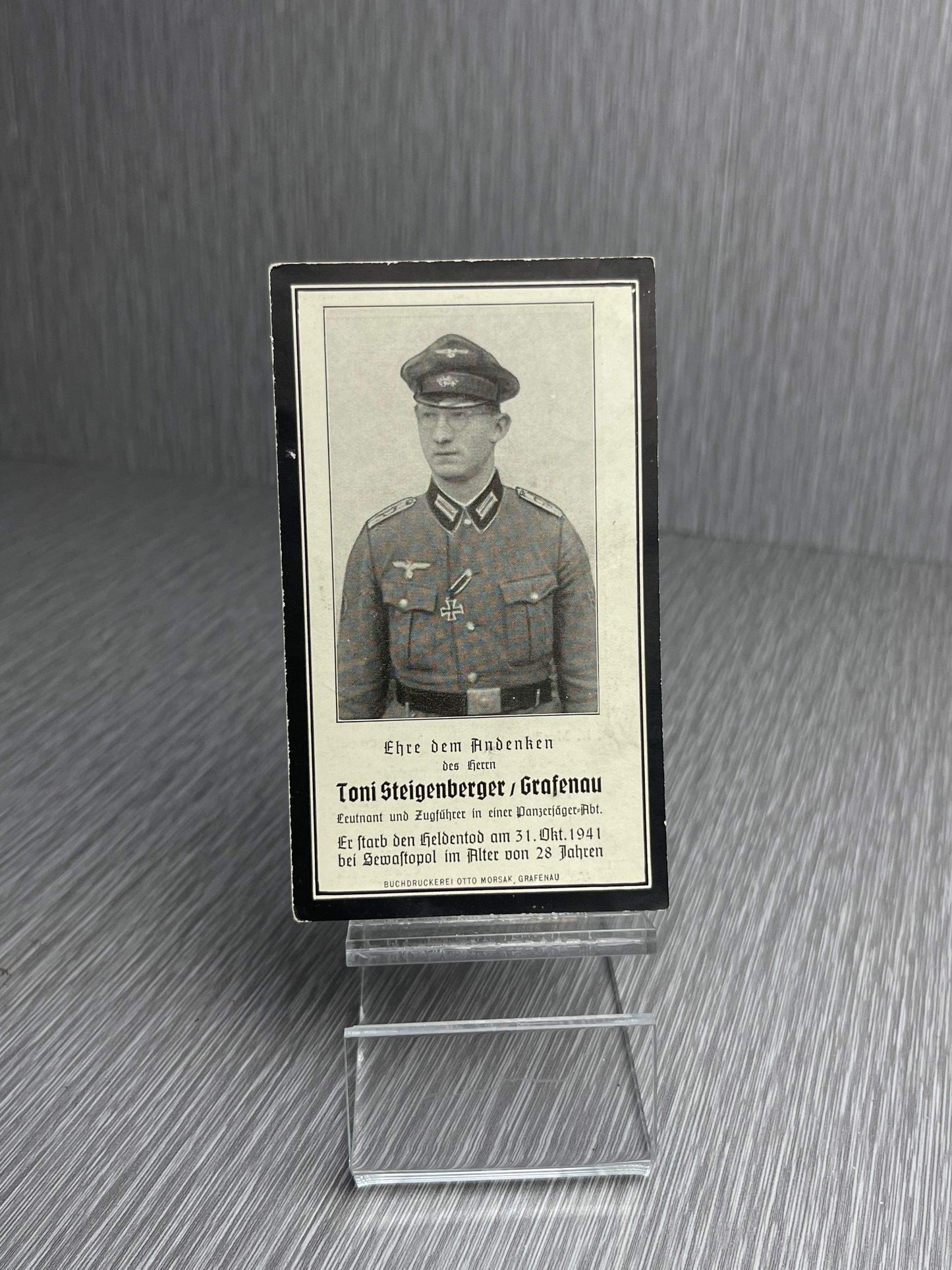 GERMAN WW2 PANZERJAEGER LIEUTENANT DEATH CARD IRON CROSS II CLASS RECIPIENT EASTERN FRONT SEVASTOPOL