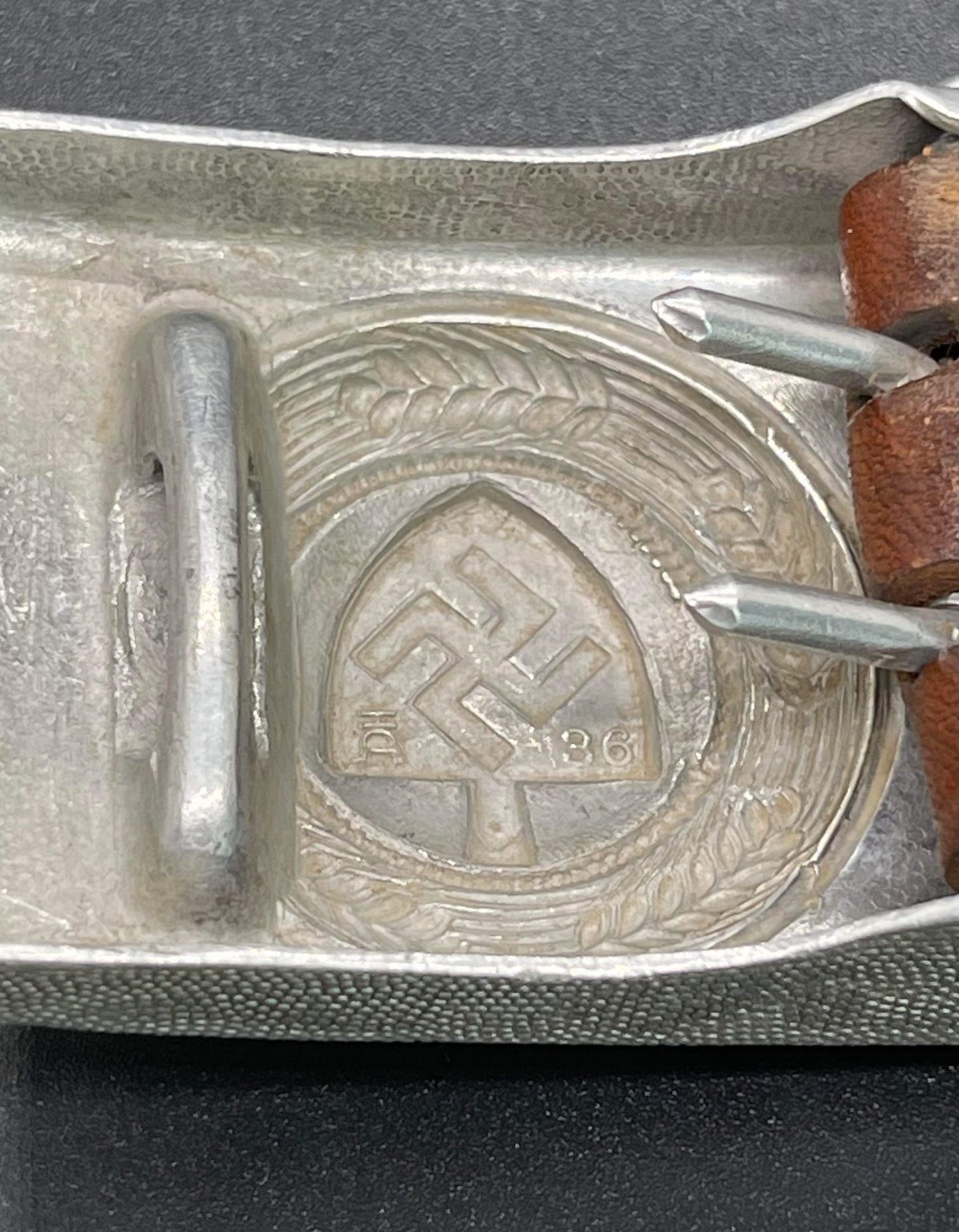 GERMAN WW2 1936 RAD BELT BUCKLE WITH LEATHER PULL TAB BY H. AURICH
