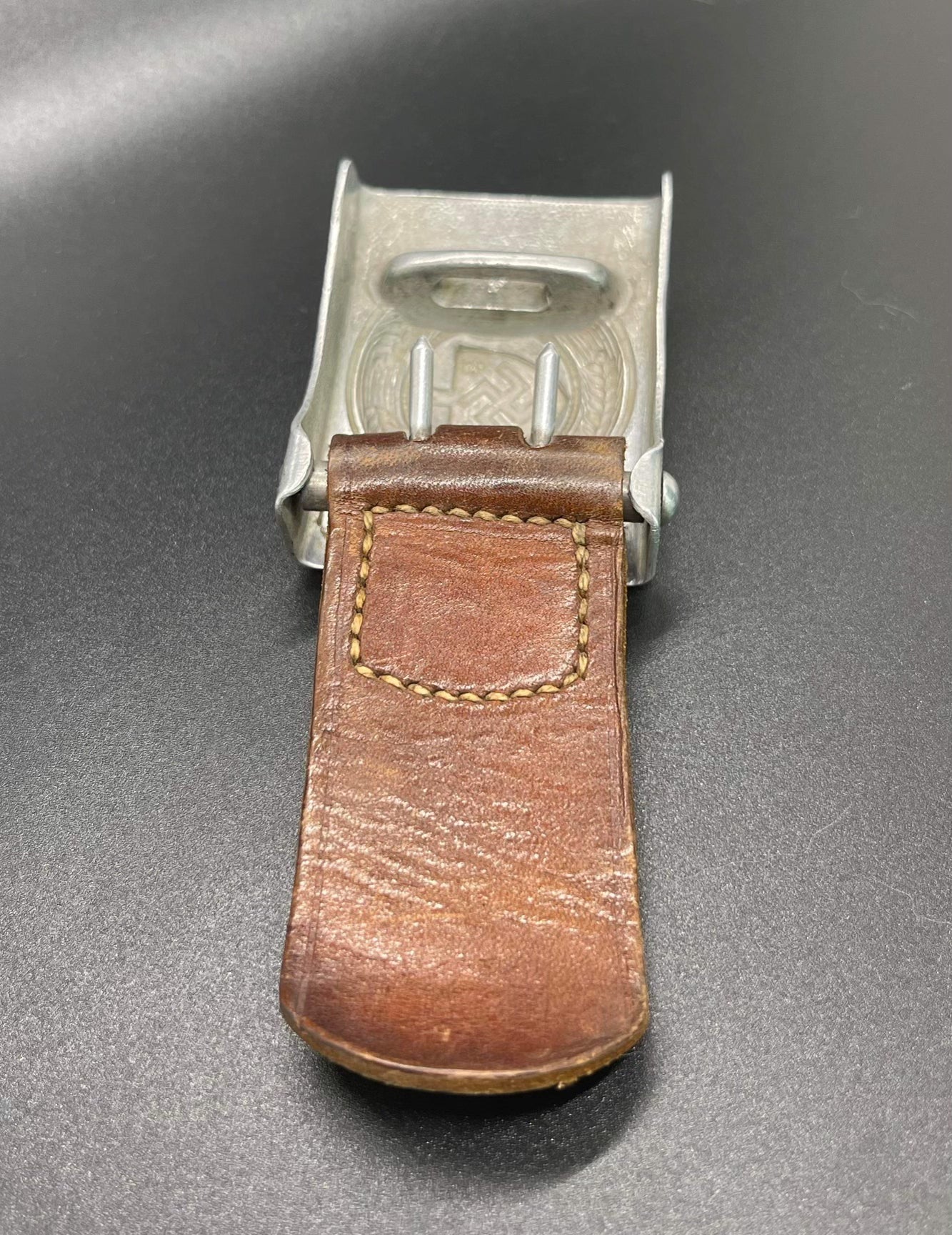GERMAN WW2 1936 RAD BELT BUCKLE WITH LEATHER PULL TAB BY H. AURICH