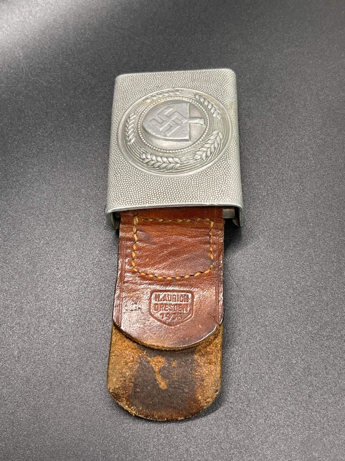 GERMAN WW2 1936 RAD BELT BUCKLE WITH LEATHER PULL TAB BY H. AURICH