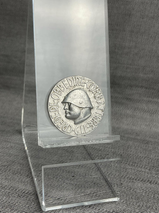 ITALIAN WW2 FASCIST YOUTH G.I.L. "BELIEVE, OBEY AND FIGHT!" ALUMINUM TINNIE BADGE MAKER MARKED